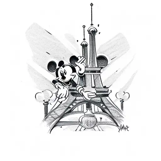 mickey mouse infront of eiffel tower tattoo design idea