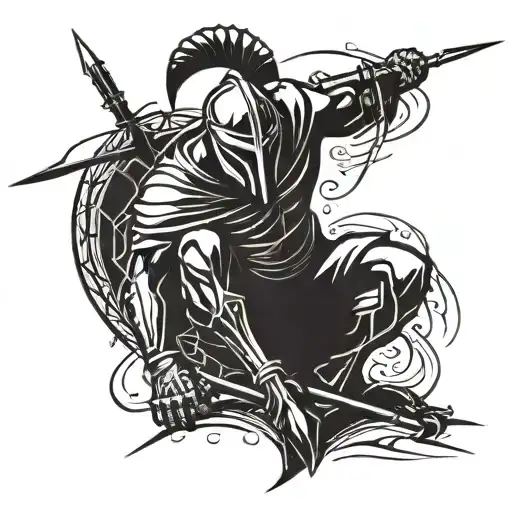 Fallen Spartan soldier with a spear pierced through his abdomen. From side and full body shown. His head is on the floor tattoo design idea