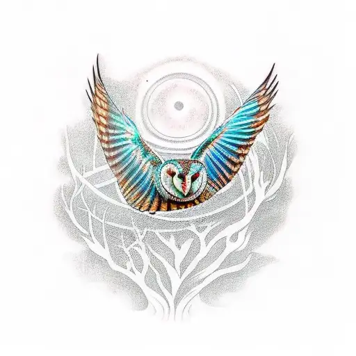 A surreal tattoo combining elements of the ocean and forest, with a barn owl as a central figure tattoo design idea