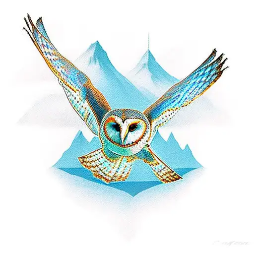 An underwater scene with a majestic barn owl flying over the ocean and mountains in the background tattoo design idea