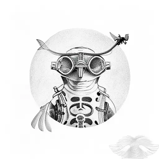A scuba diver exploring a shipwreck surrounded by curious barn owls tattoo design idea