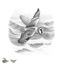 An underwater scene with a majestic barn owl flying over the ocean and mountains in the background tattoo design idea