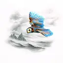 An underwater scene with a majestic barn owl flying over the ocean and mountains in the background tattoo design idea