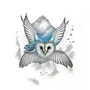 An underwater scene with a majestic barn owl flying over the ocean and mountains in the background tattoo design idea
