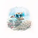 A scuba diver exploring a coral reef with a barn owl sitting on their shoulder, with mountains in the distance tattoo design idea