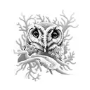 A scuba diver exploring a coral reef with a barn owl sitting on their shoulder, with mountains in the distance tattoo design idea