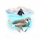 A scuba diver exploring a coral reef with a barn owl sitting on their shoulder, with mountains in the distance tattoo design idea