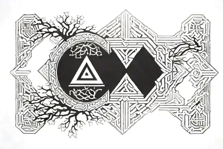 yggdrasil tree thor hammer valknut symbol circle inner strength illumination tattoo design idea