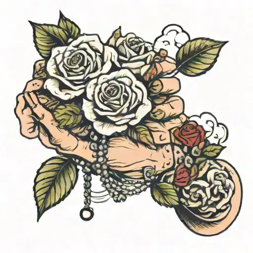 old woman hand holding rose wrapped in rosary with garden on bicep and background cloud  tattoo design idea