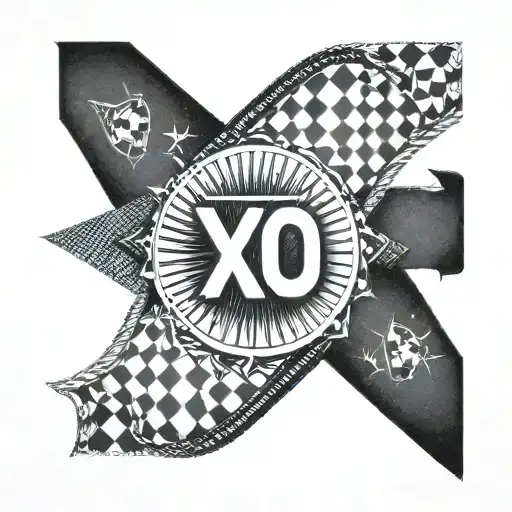 Incorporate a racing checkered flag pattern with The Weeknd's XO logo in a BMW-inspired tattoo tattoo design idea