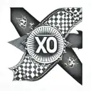 Incorporate a racing checkered flag pattern with The Weeknd's XO logo in a BMW-inspired tattoo tattoo design idea