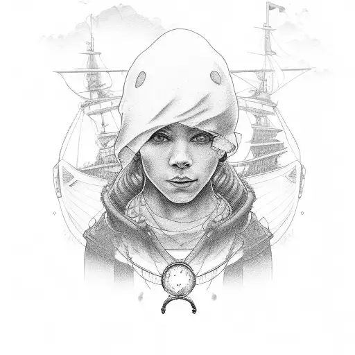 portrait with  ocean and ship theme tattoo design idea