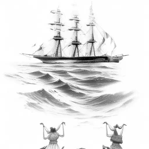 three ladies with ocean and ship theme tattoo design idea