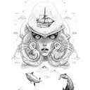 three ladies with ocean and ship theme tattoo design idea