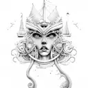 three ladies with ocean and ship theme tattoo design idea