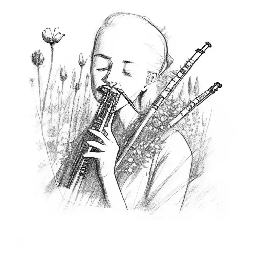 A sketch-style drawing of a person playing a flute in a field of wildflowers tattoo design idea