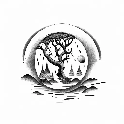 A serene moonlit forest with a person meditating tattoo design idea