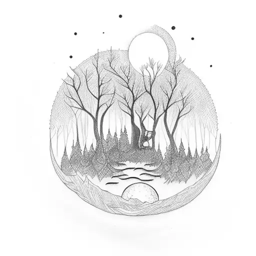 A serene moonlit forest with a person meditating tattoo design idea