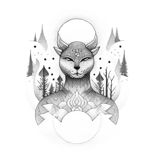 A serene moonlit forest with a person meditating tattoo design idea