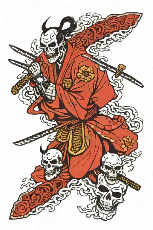 samurai and skulls facing each other tattoo design idea