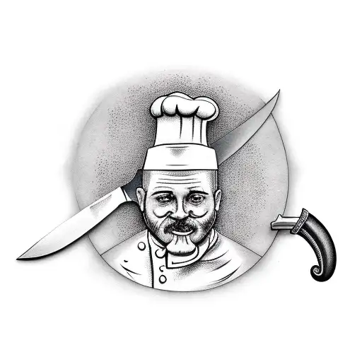 A chef's knife surrounded by various cooking ingredients tattoo design idea