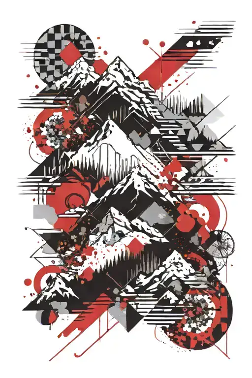 mountain range with rivers and geometric shapes tattoo design idea