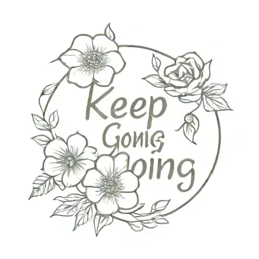 Make me a tattoo in line art style with the word 'keep going' and flowers tattoo design idea