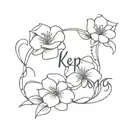 Make me a tattoo in line art style with the word 'keep going' and flowers tattoo design idea