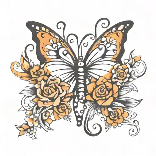 multiple sclerosis with orange ribbon butterfly and flowers tattoo design idea