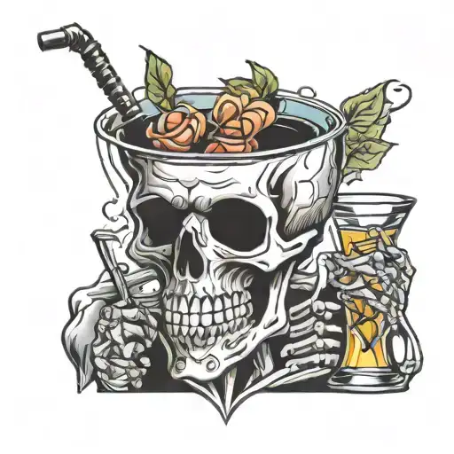 skeleton drinking cocktail tattoo design idea