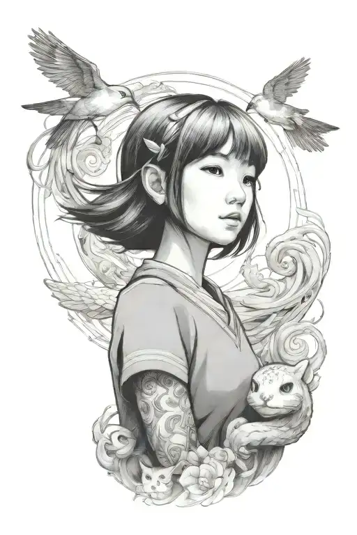 A black-grey portrait tattoo of Chihiro looking up at Haku in awe and wonder tattoo design idea