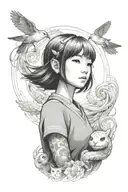 A black-grey portrait tattoo of Chihiro looking up at Haku in awe and wonder tattoo design idea