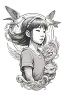 A black-grey portrait tattoo of Chihiro looking up at Haku in awe and wonder tattoo design idea