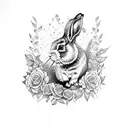 Dotwork tattoo of a rabbit surrounded by roses engulfed in flames tattoo design idea