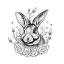 Dotwork tattoo of a rabbit surrounded by roses engulfed in flames tattoo design idea