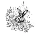 Dotwork tattoo of a rabbit surrounded by roses engulfed in flames tattoo design idea