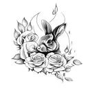 Dotwork tattoo of a rabbit surrounded by roses engulfed in flames tattoo design idea