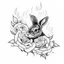 Dotwork tattoo of a rabbit surrounded by roses engulfed in flames tattoo design idea