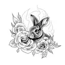 Dotwork tattoo of a rabbit surrounded by roses engulfed in flames tattoo design idea