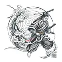 drawing of irezumi samurai tattoo style image with thick black waves and wind and cherry blossoms. samurai is wearing ma tattoo design idea