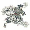 drawing of irezumi samurai tattoo style image with thick black waves and wind and cherry blossoms. samurai is wearing ma tattoo design idea