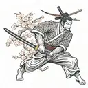 drawing of irezumi samurai tattoo style image with thick black waves and wind and cherry blossoms. samurai is wearing ma tattoo design idea