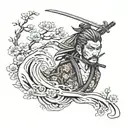 drawing of irezumi samurai tattoo style image with thick black waves and wind and cherry blossoms. samurai is wearing ma tattoo design idea