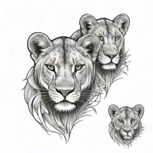 lioness, 2 cubs, heads, symmetrical  tattoo design idea