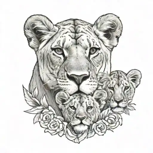 lioness, 2 cubs, heads tattoo design idea