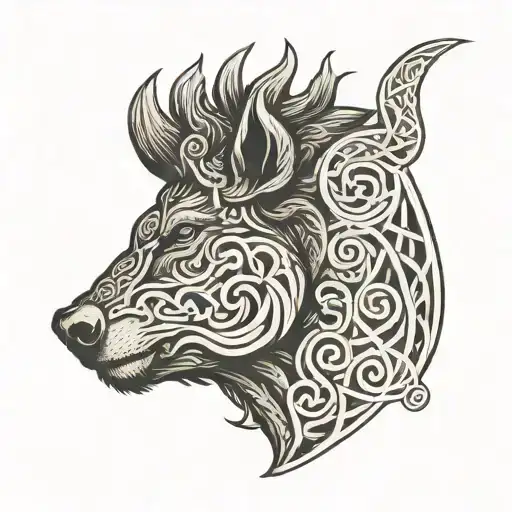 Boar head in profile with celtic scrollwork background tattoo design idea