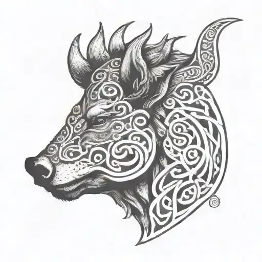 Boar head in profile with celtic scrollwork background tattoo design idea