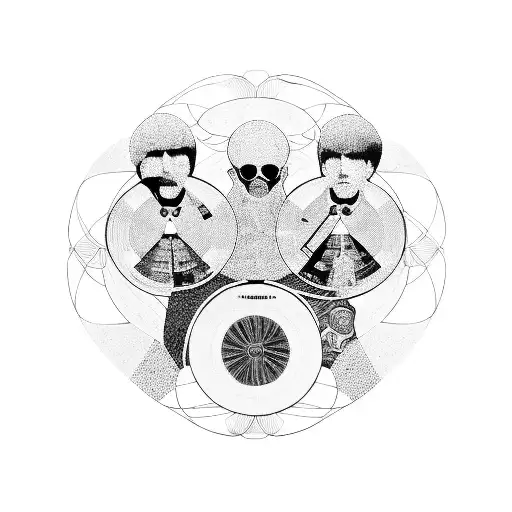 A psychedelic portrait of the Beatles with vinyl records floating around them tattoo design idea
