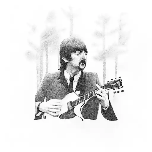A black and grey portrait of a member of The Beatles playing a guitar in a forest tattoo design idea