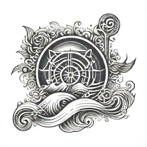 A serene ocean wave with peace signs and musical symbols, capturing the client's love for music festivals and traveling to find inner peace tattoo design idea